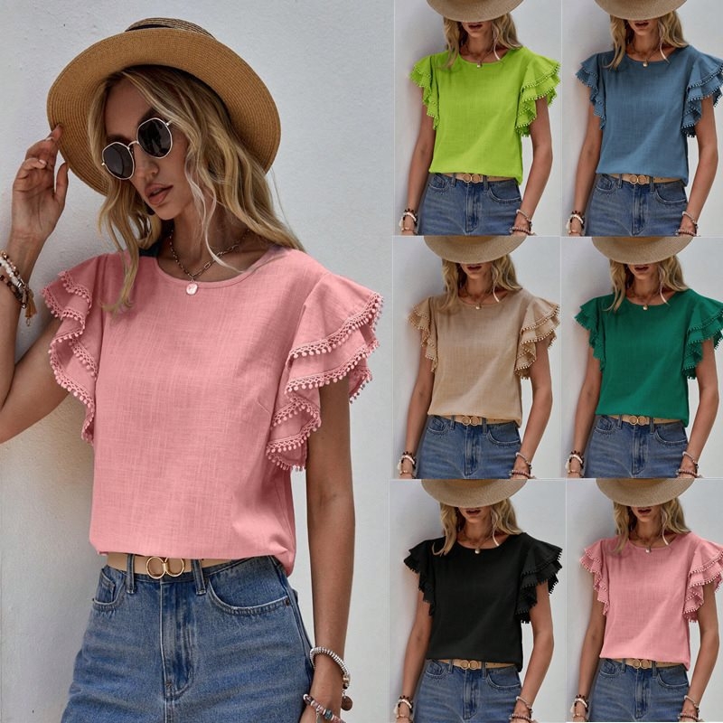 Poliester damaška bluza s okruglim izrezom, kratki rukavi u obliku listova lotosa, 3D uzorak, slobodan kroj