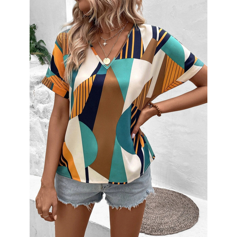 Košula s geometrijskim printom, okrugli ovratnik, kratki raglani rukavi, slobodan kroj, gradski stil; akrilna tkanina (≥95% glavni sastav) sa spandeksom