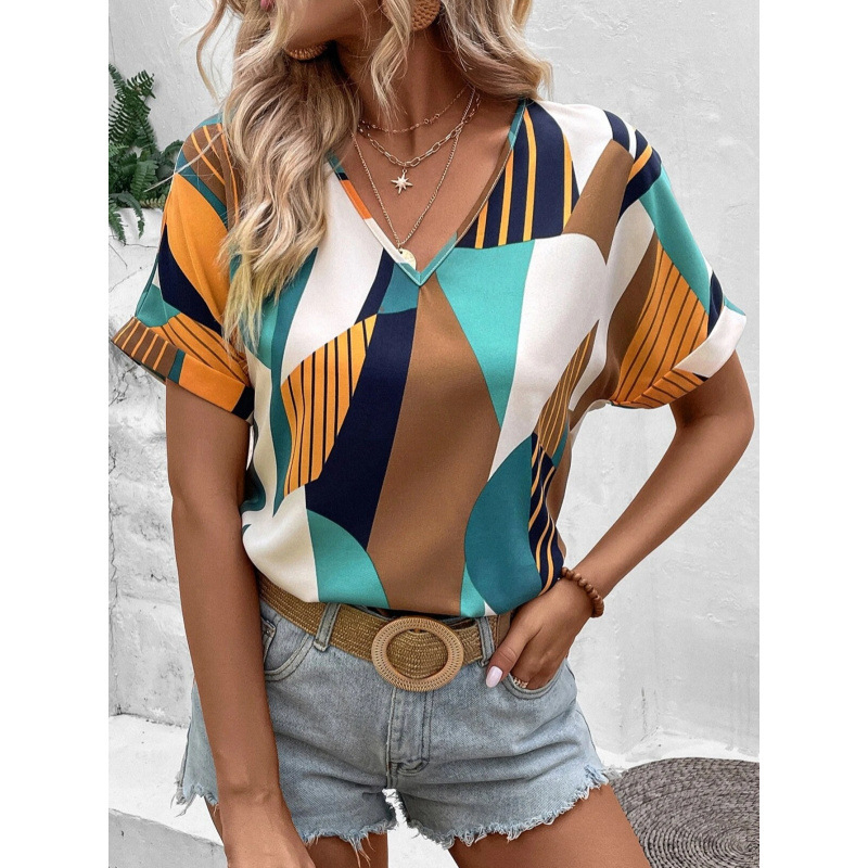 Košula s geometrijskim printom, okrugli ovratnik, kratki raglani rukavi, slobodan kroj, gradski stil; akrilna tkanina (≥95% glavni sastav) sa spandeksom