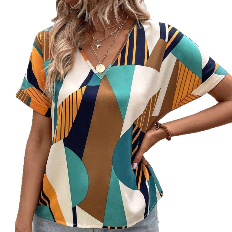 Košula s geometrijskim printom, okrugli ovratnik, kratki raglani rukavi, slobodan kroj, gradski stil; akrilna tkanina (≥95% glavni sastav) sa spandeksom