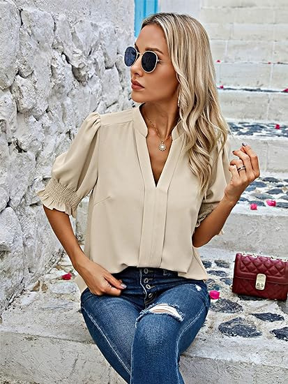 Ženska poliester bluza s V izrezom, nabornim rukavima, jednobojna boja, pulover stil, srednja duljina