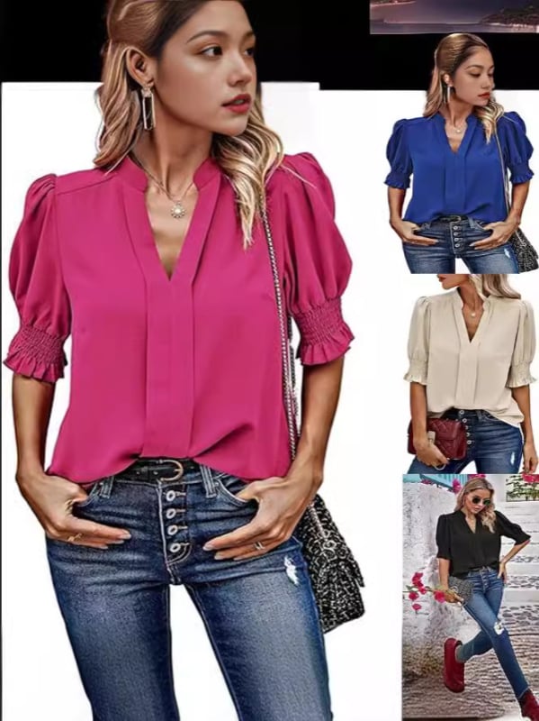 Ženska poliester bluza s V izrezom, nabornim rukavima, jednobojna boja, pulover stil, srednja duljina