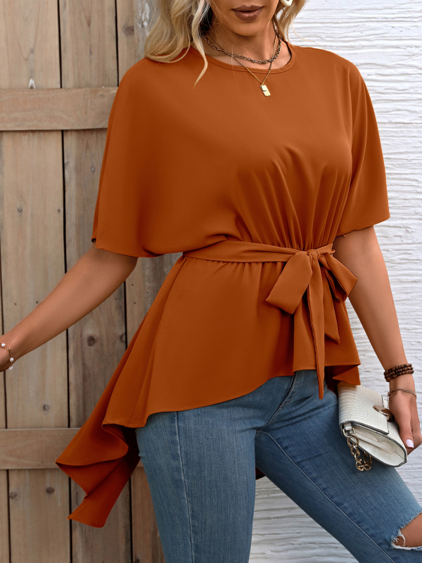 Poliesterska bluza s kratkim rukavima, okrugli ovratnik, pulover stil, standardna duljina (50–65 cm)
