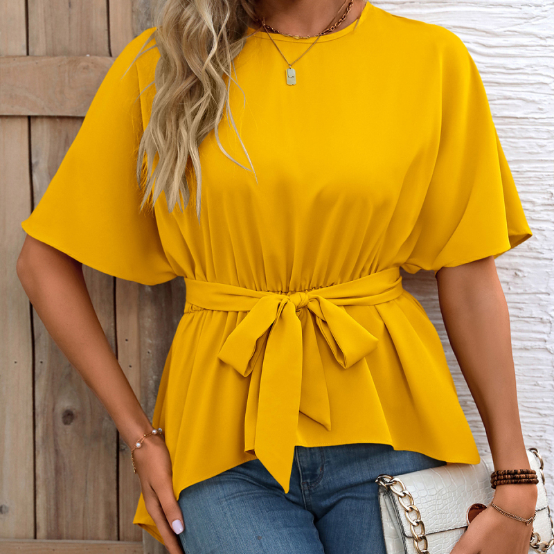 Poliesterska bluza s kratkim rukavima, okrugli ovratnik, pulover stil, standardna duljina (50–65 cm)