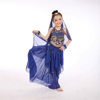 Gyerekeknek szóló hastánc jelmez érmés hosszú szoknyával — chiffon anyag, poliészter, 50–70% tartalom, etnikus stílus, friss és édes