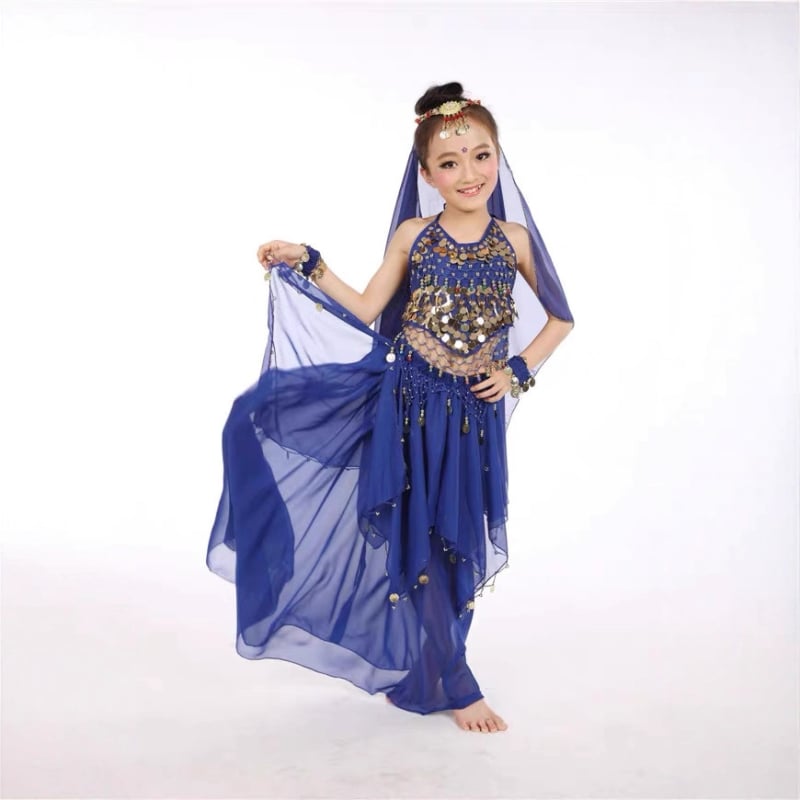 Gyerekeknek szóló hastánc jelmez érmés hosszú szoknyával — chiffon anyag, poliészter, 50–70% tartalom, etnikus stílus, friss és édes