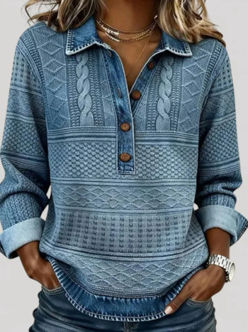 Ženska košula s polo ovratnikom i patchwork kariranim uzorkom, poliester-bavlna smjesa, dugi rukav, obična duljina