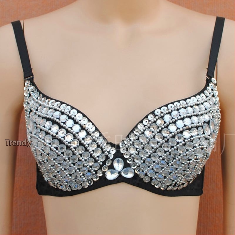Ženský top na belly dance s kryštálmi – žiarivý fantasy top na párty vystúpenia