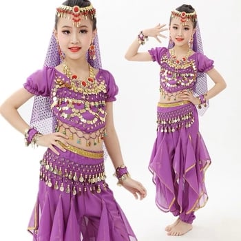 Gyerekeknek szánt indiai tánc ruházat szegecses, rövid ujjú felső és forgó nadrággal — 2025 tavasz, 120D chiffon, akril rost 50–70%