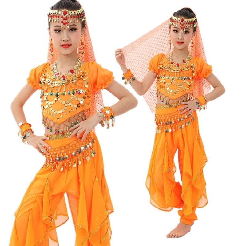 Gyerekeknek szánt indiai tánc ruházat szegecses, rövid ujjú felső és forgó nadrággal — 2025 tavasz, 120D chiffon, akril rost 50–70%