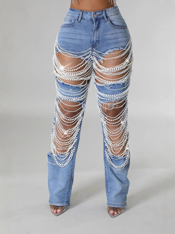 Traperice s perlicama i poderotinama, ravne krojenje, visoki struk, rastezljivi denim