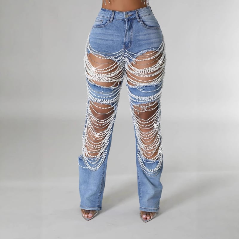 Traperice s perlicama i poderotinama, ravne krojenje, visoki struk, rastezljivi denim