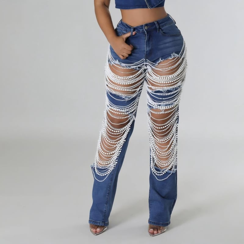 Traperice s perlicama i poderotinama, ravne krojenje, visoki struk, rastezljivi denim