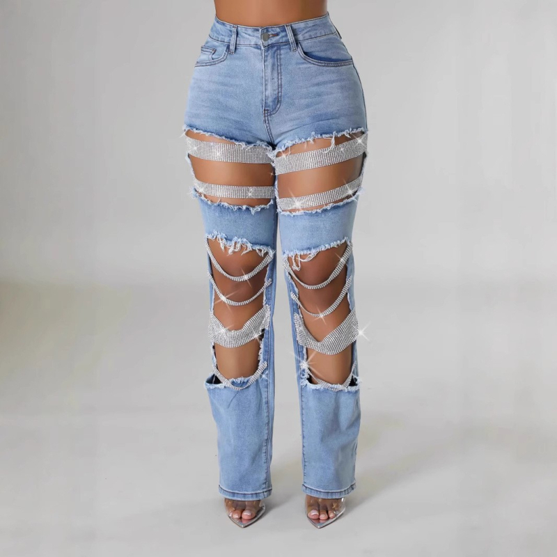 Traperice s perlicama i poderotinama, ravne krojenje, visoki struk, rastezljivi denim