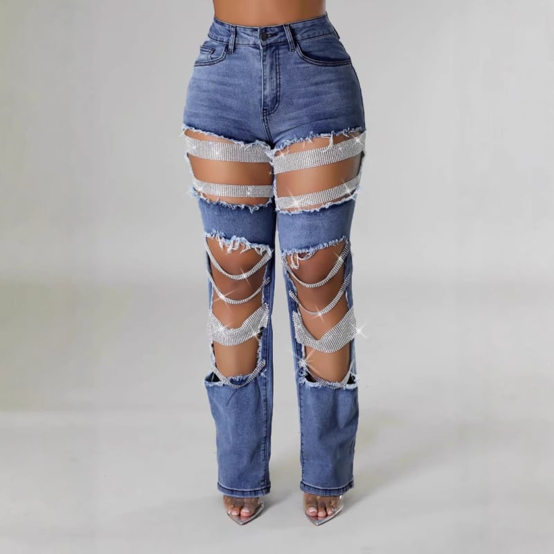 Traperice s perlicama i poderotinama, ravne krojenje, visoki struk, rastezljivi denim
