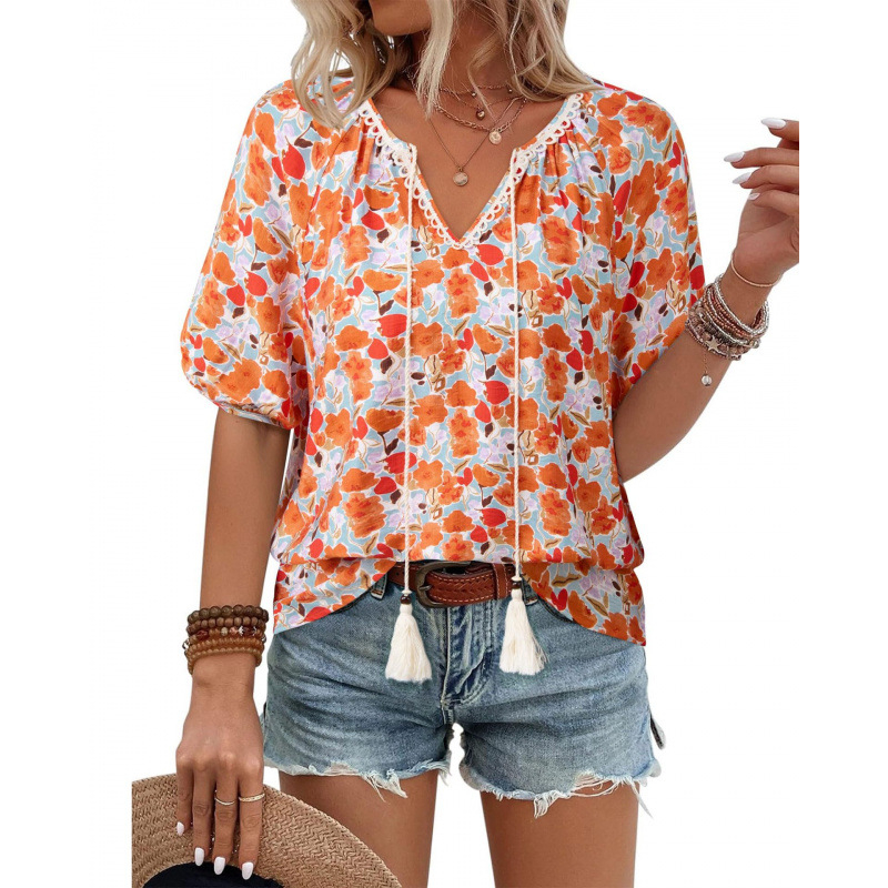 Bluza s boemskim printom biljnog motiva, U-izrez, kratki rukavi, slobodan kroj, poliester materijal