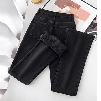 Ženske traperice s flis presvlakom, debele, visokim strukom, bootcut kroj s proširenim nogavicama, denim pamuk
