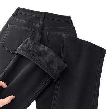Ženske traperice s flis presvlakom, debele, visokim strukom, bootcut kroj s proširenim nogavicama, denim pamuk