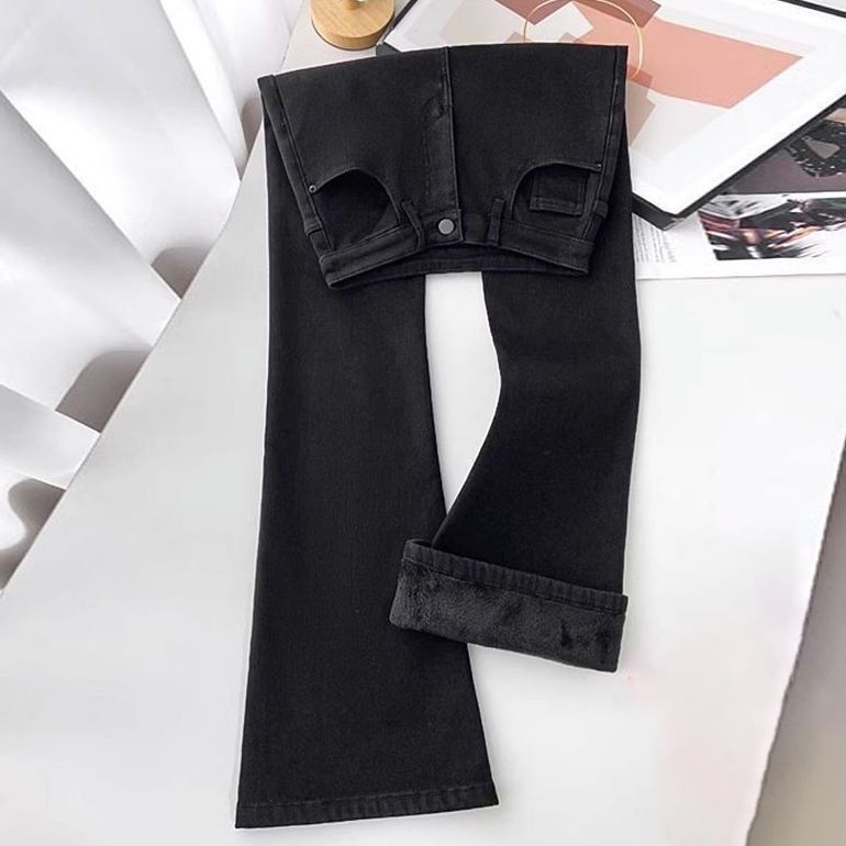 Ženske traperice s flis presvlakom, debele, visokim strukom, bootcut kroj s proširenim nogavicama, denim pamuk
