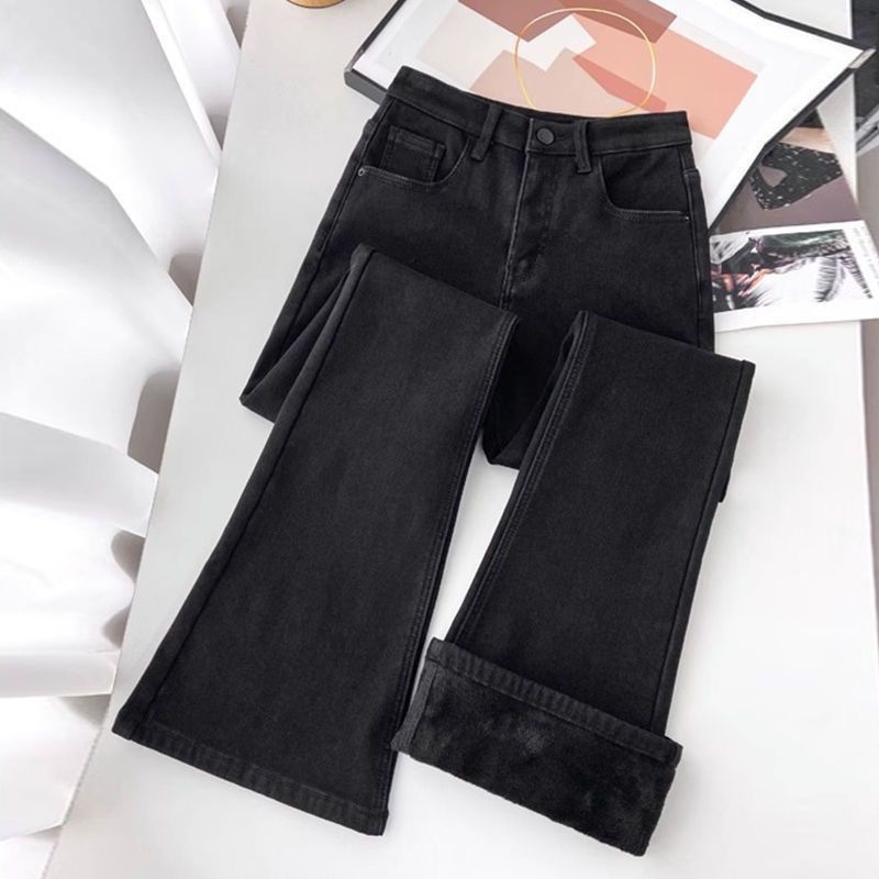 Ženske traperice s flis presvlakom, debele, visokim strukom, bootcut kroj s proširenim nogavicama, denim pamuk