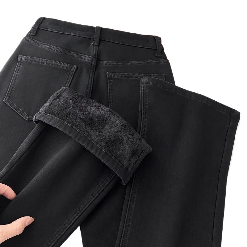 Ženske traperice s flis presvlakom, debele, visokim strukom, bootcut kroj s proširenim nogavicama, denim pamuk