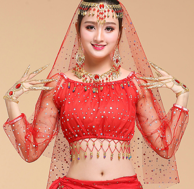 Etno plesno gornji dio s dugim rukavima za belly dance, šifon tkanina, 30% akrilnih vlakana, podstava od smjese kemijskih vlakana