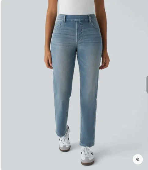 Traperice visokim strukom, ravni kroj (Spandex 30-50%, visoka elastičnost, pranje pijeskom)