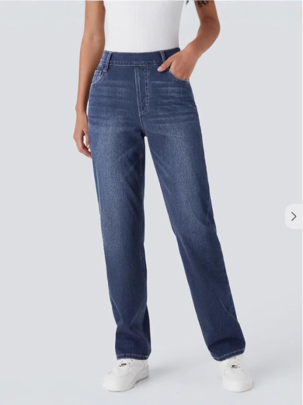 Traperice visokim strukom, ravni kroj (Spandex 30-50%, visoka elastičnost, pranje pijeskom)