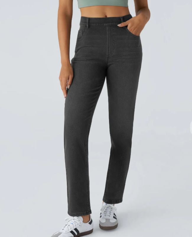 Traperice visokim strukom, ravni kroj (Spandex 30-50%, visoka elastičnost, pranje pijeskom)