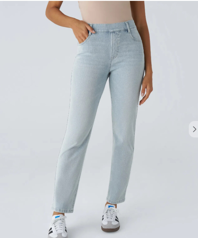 Traperice visokim strukom, ravni kroj (Spandex 30-50%, visoka elastičnost, pranje pijeskom)