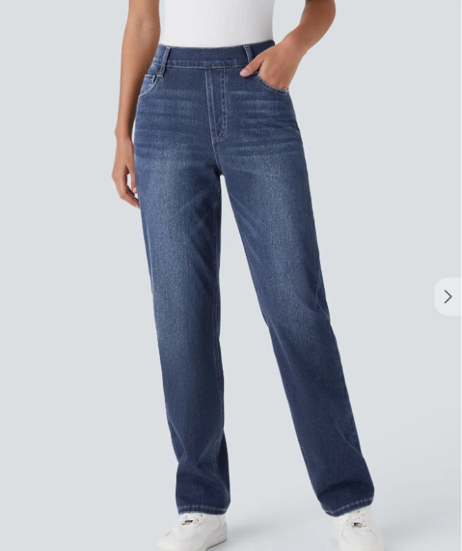 Traperice visokim strukom, ravni kroj (Spandex 30-50%, visoka elastičnost, pranje pijeskom)