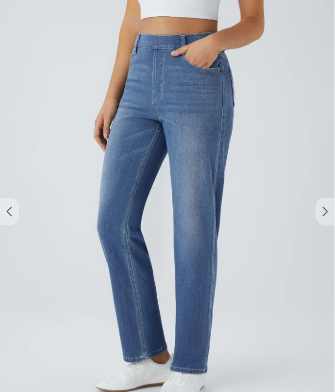 Traperice visokim strukom, ravni kroj (Spandex 30-50%, visoka elastičnost, pranje pijeskom)