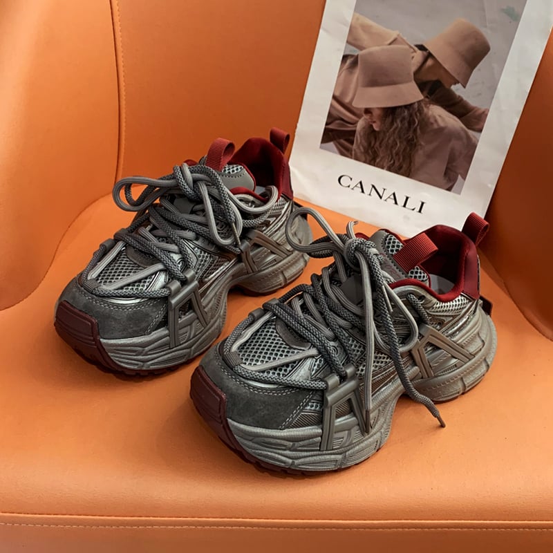 Γυναικεία παπούτσια Dad Shoes με κλείσιμο κορδονιών, επάνω μέρος από συνθετικό φλίς, σχέδιο color-block, καουτσούκ σόλα, καθημερινό στυλ