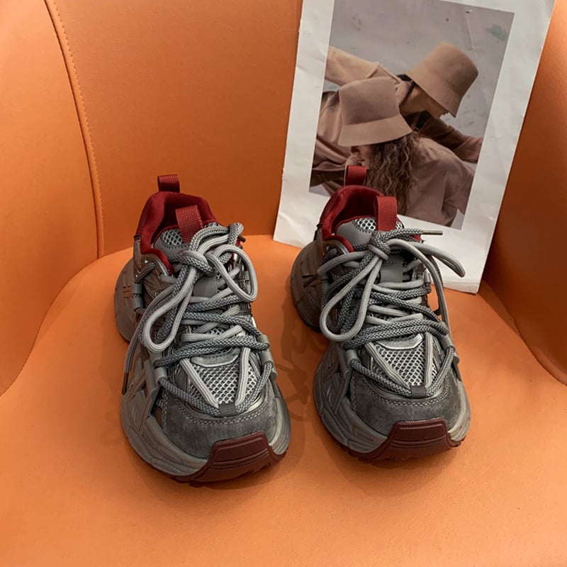 Γυναικεία παπούτσια Dad Shoes με κλείσιμο κορδονιών, επάνω μέρος από συνθετικό φλίς, σχέδιο color-block, καουτσούκ σόλα, καθημερινό στυλ