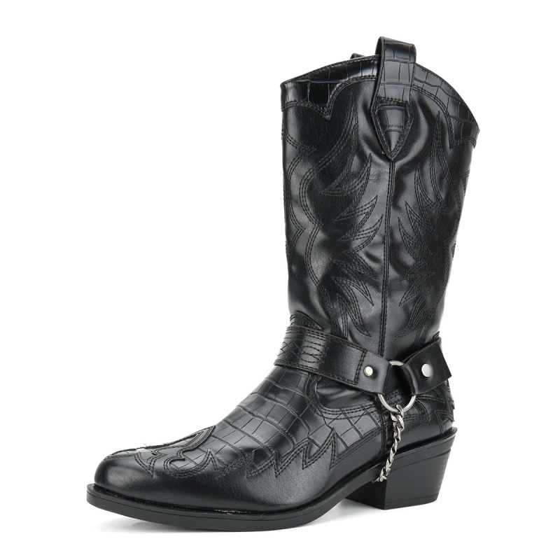 Férfi Western csizma krokodil mintával és díszítéssel fém csattal-lánccal, középmagas szár, hegyes orr, 6–8 cm magas sarkú