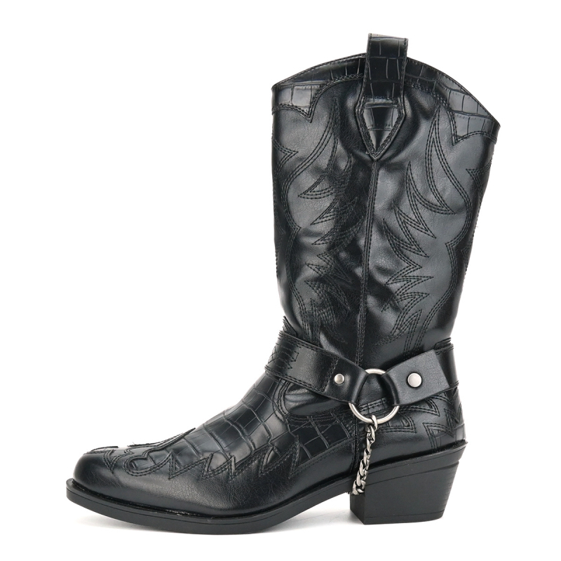 Férfi Western csizma krokodil mintával és díszítéssel fém csattal-lánccal, középmagas szár, hegyes orr, 6–8 cm magas sarkú