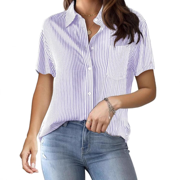 Γυναικείο ριγέ πουκάμισο με τετραπλής κατεύθυνσης ελαστικό πολυεστέρα-ελαστάν, κοντά μανίκια, γιακά turn-down