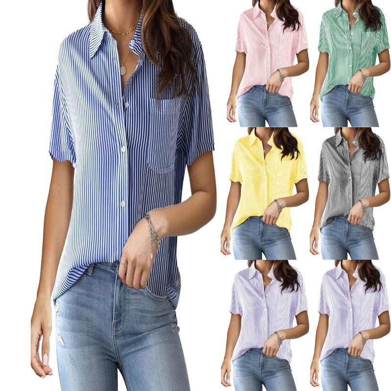 Γυναικείο ριγέ πουκάμισο με τετραπλής κατεύθυνσης ελαστικό πολυεστέρα-ελαστάν, κοντά μανίκια, γιακά turn-down