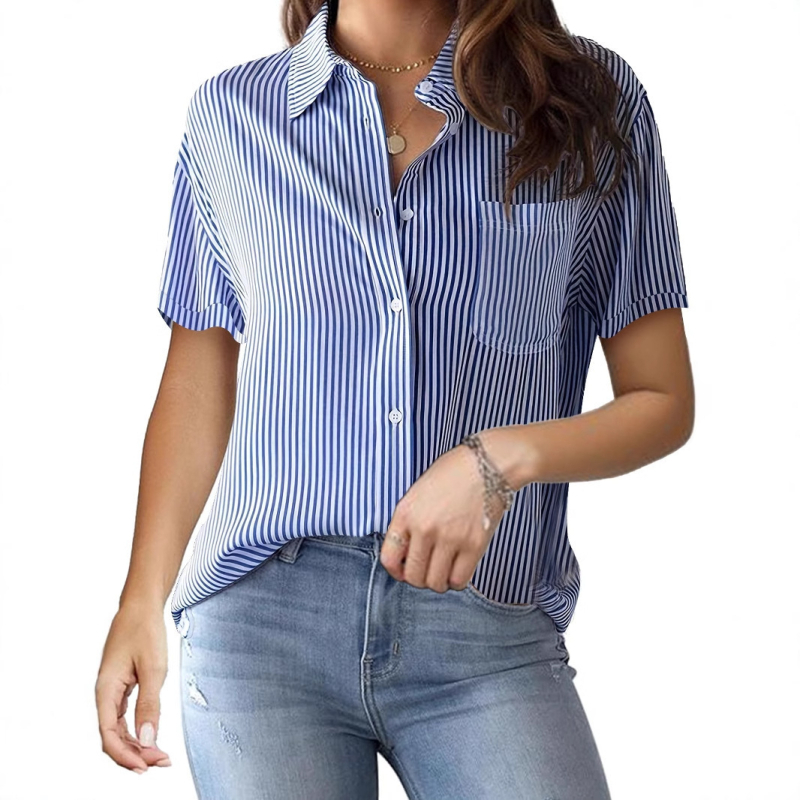 Γυναικείο ριγέ πουκάμισο με τετραπλής κατεύθυνσης ελαστικό πολυεστέρα-ελαστάν, κοντά μανίκια, γιακά turn-down