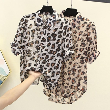Ženska košulja s leopard printom, šifon/poliester tkanina, Polo ovratnik, kratki rukavi, gradski ležerni stil