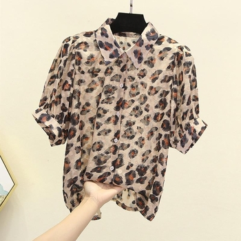 Ženska košulja s leopard printom, šifon/poliester tkanina, Polo ovratnik, kratki rukavi, gradski ležerni stil