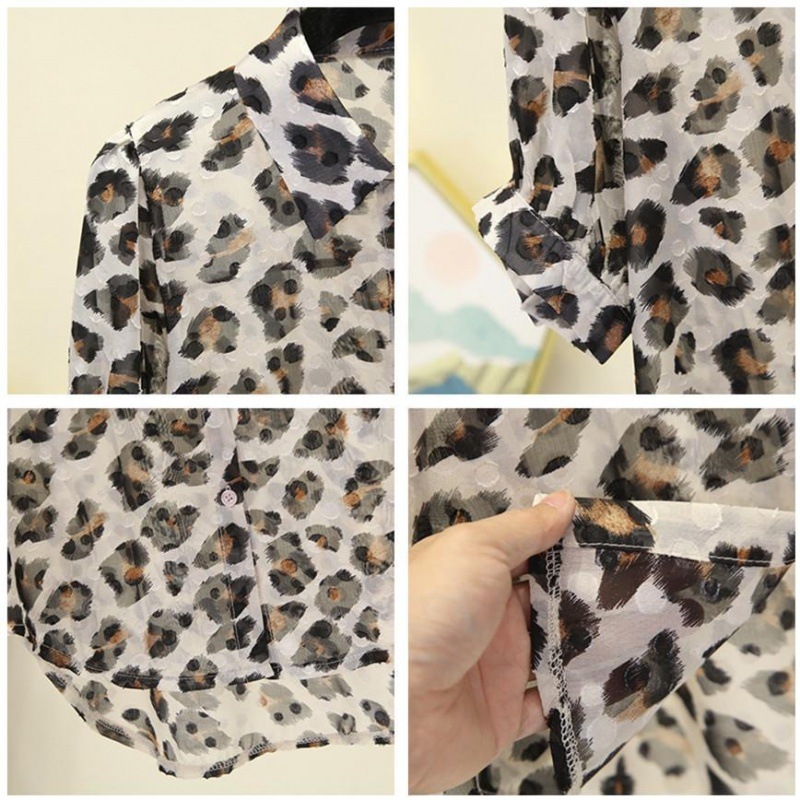Ženska košulja s leopard printom, šifon/poliester tkanina, Polo ovratnik, kratki rukavi, gradski ležerni stil