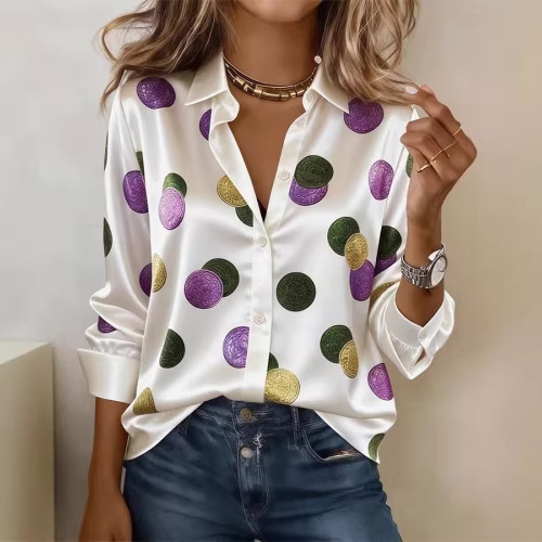 Bluza s printom srca i 3D uzorkom, elegantan kardigan stil, dugi rukavi, V-izrez, poliester s imitacijom svile