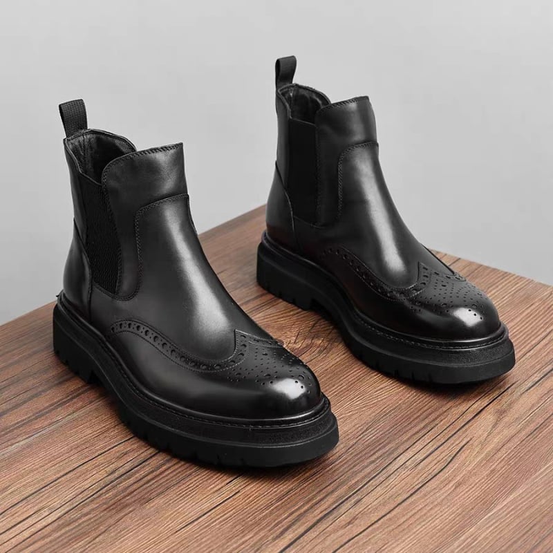 Férfi Chelsea csizmák, marha bőrből, gumírozott talppal, kerek orrú, belső műszőrös bélés, meleg, Martens-stílus