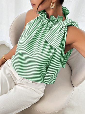 Košulja bez rukava - halter stil, prugasto/kvadratni uzorak, poliester tkanina, duljina 50–65 cm