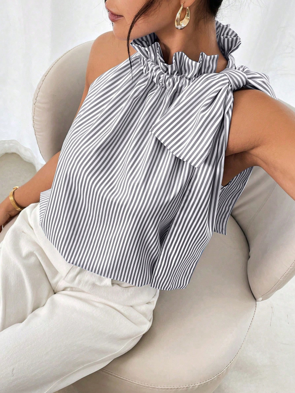 Košulja bez rukava - halter stil, prugasto/kvadratni uzorak, poliester tkanina, duljina 50–65 cm