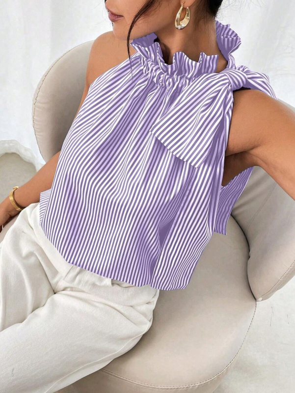 Košulja bez rukava - halter stil, prugasto/kvadratni uzorak, poliester tkanina, duljina 50–65 cm