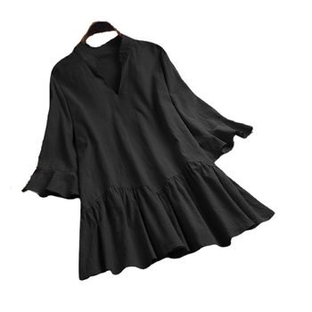 Cămașă cu mâneci în formă de corn, decolteu în V, bumbac-lin, culoare solidă, croială lejeră, mâneci scurte, lungime medie