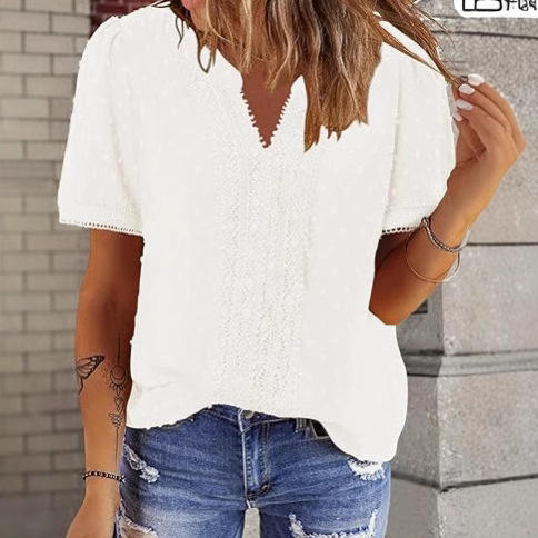 Риза с V-образно деколте, къс ръкав, свободна кройка (полиестер)