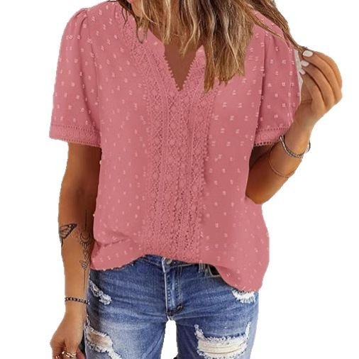 Риза с V-образно деколте, къс ръкав, свободна кройка (полиестер)